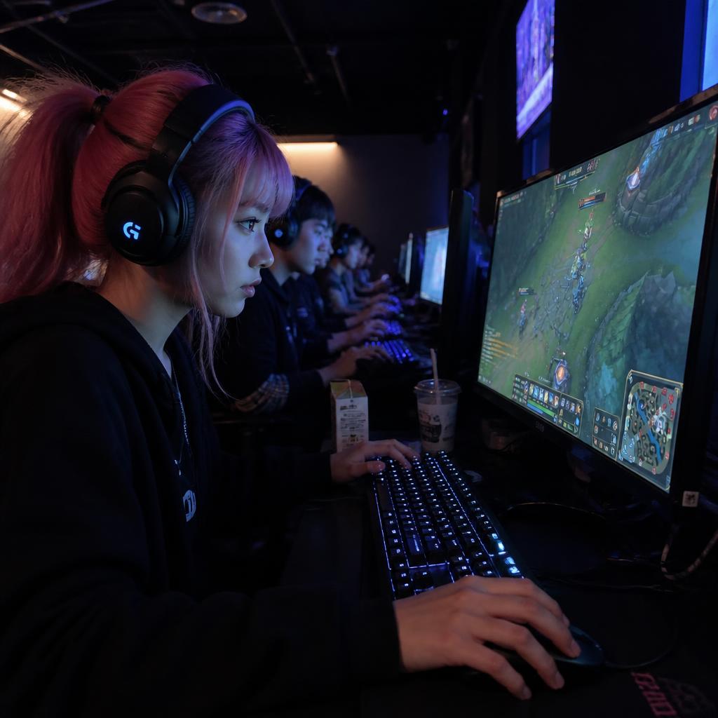Focused player in headphones grinding a ranked match at a solo station