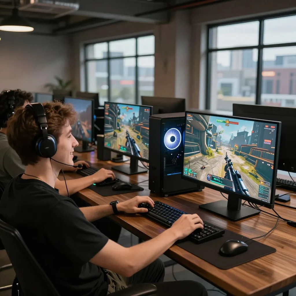 Bright shared hall of the PC gaming club with daylight windows and rows of rigs